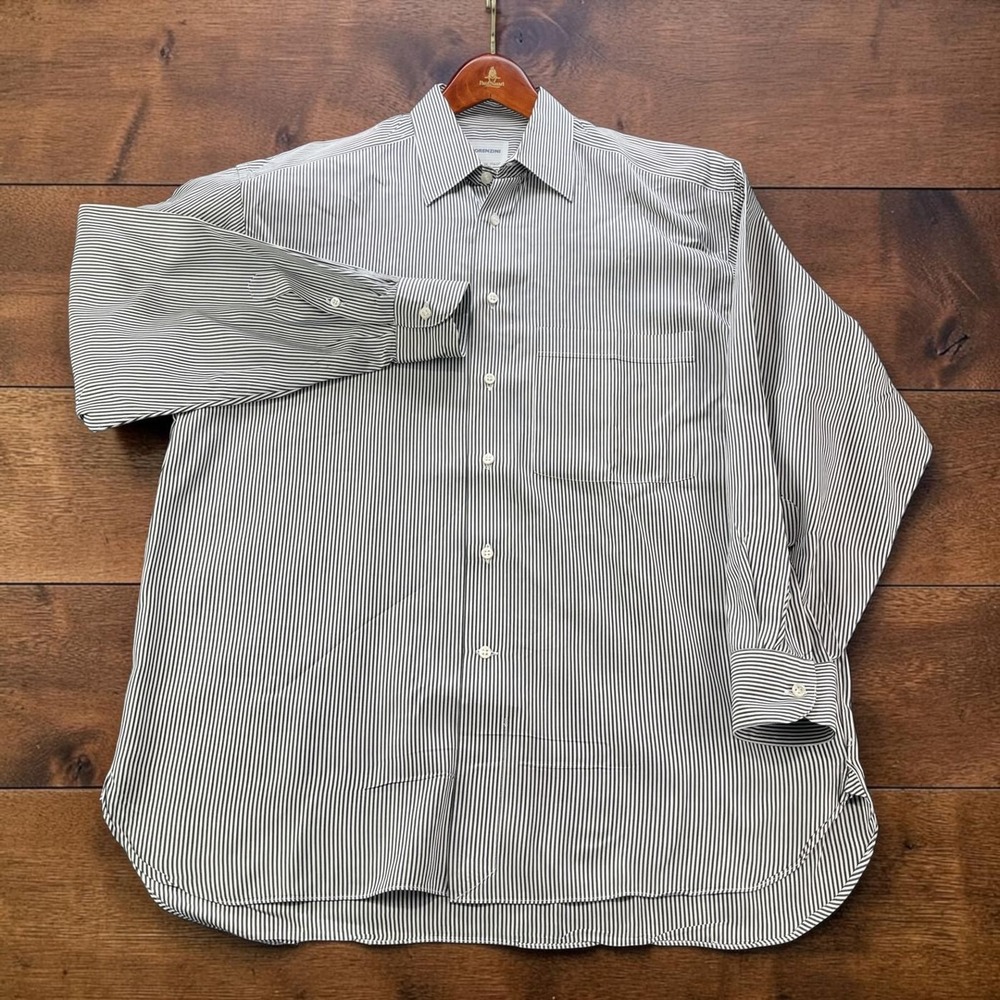 Lorenzini Made in Italy Mens Dress Shirt 15.5 39 Grey Black White Stripe